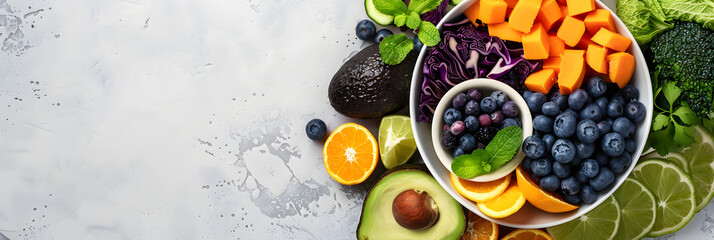 Dietary food bowl with sweet potatoes blueberries avocado cabbage and orange Top view with free space for text Copy space image Place for adding text or design