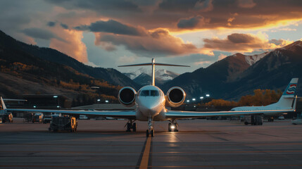 Charter jet plane at the airfield against the backdrop of a landscape of beautiful mountains