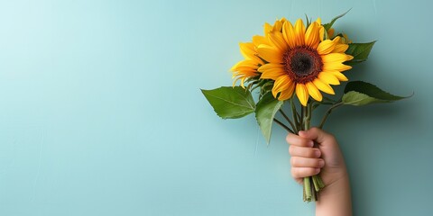 A little child's hand holding an array of springtime flowers, a yellow sunflower in bloom, over a pale blue setting Teacher's day defining and space, Generative AI.