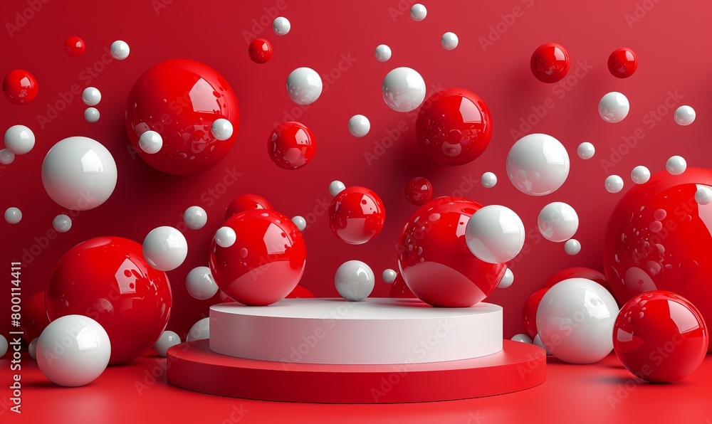 Poster generative ai image of different sizes of red and white balls on pedestal podium against red backgro
