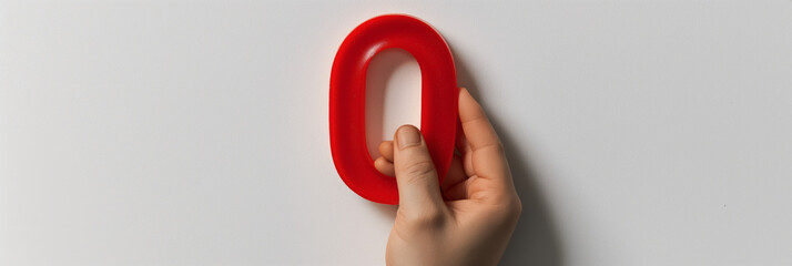 A bold red magnetic letter 'O' being placed on a plain white background by a human hand