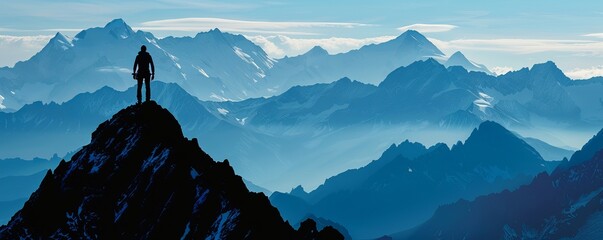 Silhouette of a man on top of a mountain peak