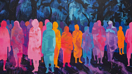 gesichtslose gruppe von menschen stehen abstrakt im dunklen wald malerei