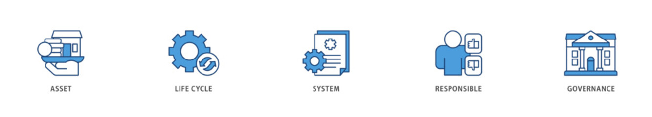Asset management icons set collection illustration of asset, life cycle, system, responsible and governance icon live stroke and easy to edit 