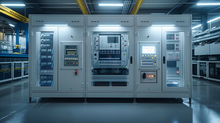 Fototapeta premium Electrical cabinet with electrical panels and energy measurement equipment inside, representing the concept of smart energy management