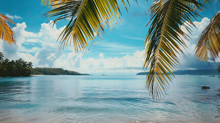 A gentle breeze ruffling the palm fronds along a tropical beachfront paradise.