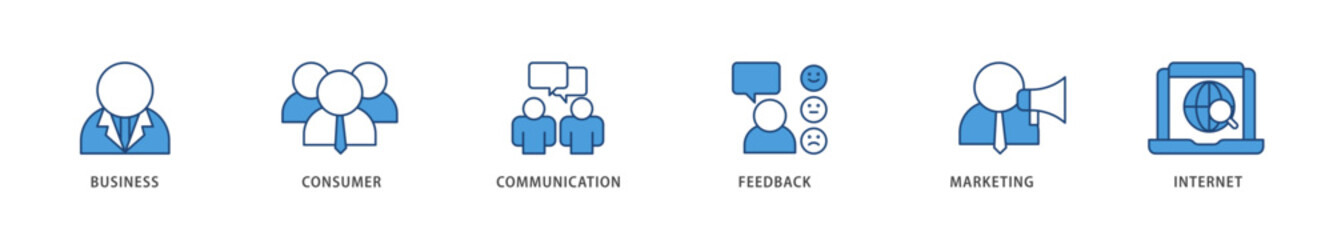 B2C icons set collection illustration of  business, consumer, communications, feedback, marketing, and internet  icon live stroke and easy to edit 