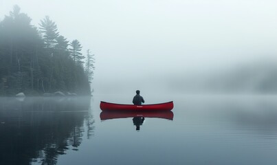A man in a red canoe floats on Maine's Sebago Lake on a foggy morning.