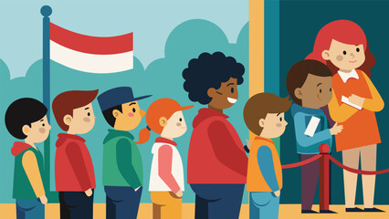 The excitement and anticipation building as children wait in line for their chance to have their faces transformed into the iconic symbol of their. Vector illustration