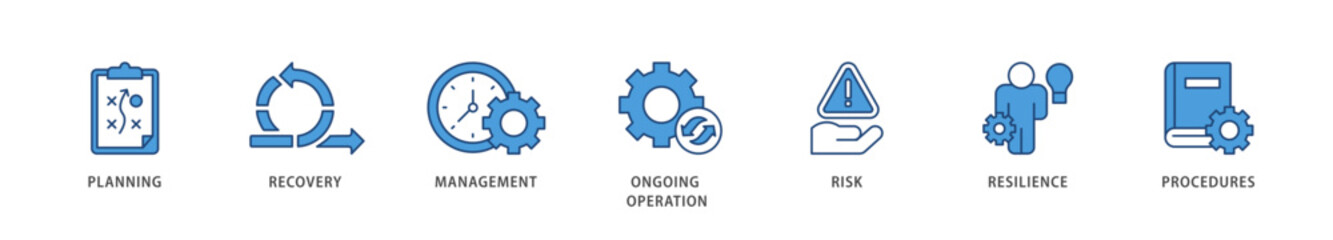 Business continuity icons set collection illustration of management, ongoing operation, risk, resilience, and procedures icon live stroke and easy to edit 