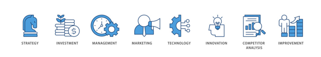 Business development icons set collection illustration of strategy, investment, management, marketing, technology, innovation icon live stroke and easy to edit 