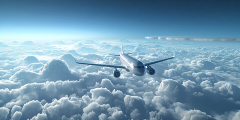 Above Clouds International Travel Concept Blue Plane Soaring The In 3d Rendering