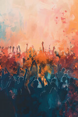 Watercolor illustration of a Happy crowd people rising up. Generative Ai. Concert, festival, music and party concept.