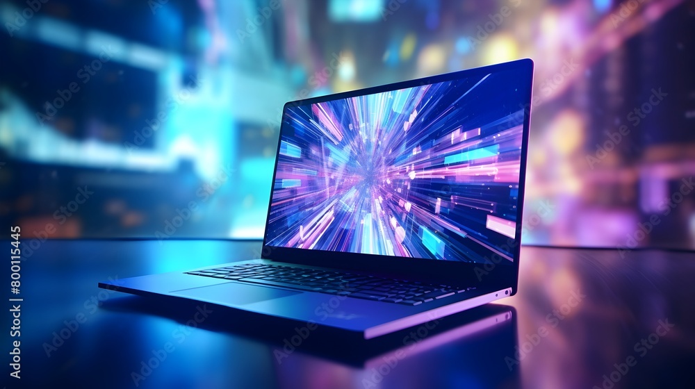 Poster step into the future of computing with a captivating image of a laptop set against an abstract, mode