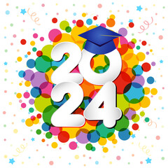 Cute graduating banner with colorful abstract background. Holiday festive backdrop, coloured confetti, paper style number 2 0 2 4 and 3D blue motarboard icon. Sticker or label design. Badge template.