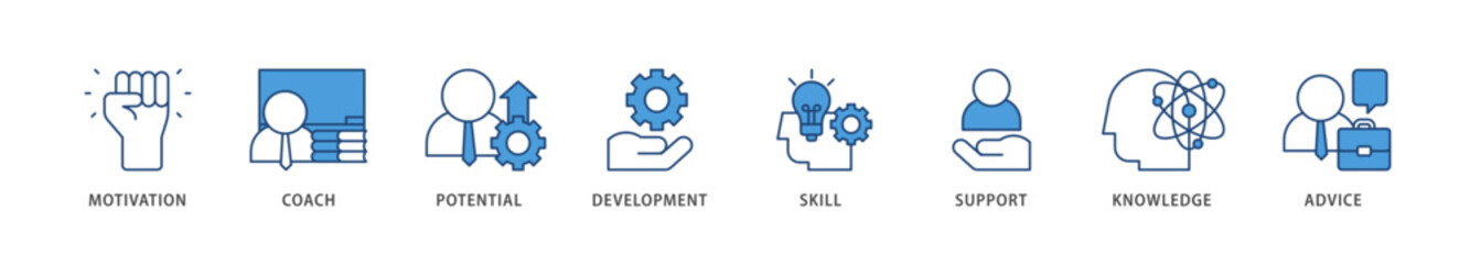 Coaching icons set collection illustration of motivation, coach, potential, development, skill, support, knowledge, and advice icon live stroke and easy to edit 