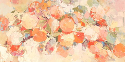 Oil painting of peaches. Impressionism style illustration. Still life art. Summer harvest and country life concept.