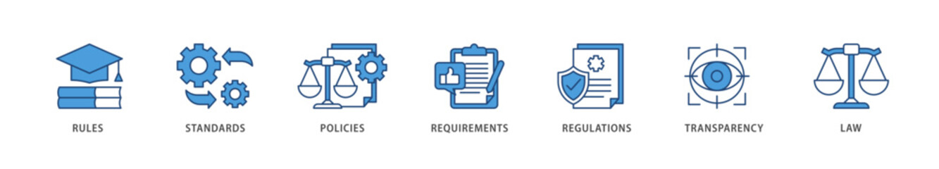 Compliance icons set collection illustration of law, requirements, transparency, regulations, policies, standards, rules icon live stroke and easy to edit 