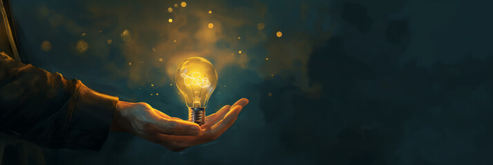 A serene image of an open hand gently cradling a light bulb that radiates a soft, golden glow against a dark, blurred background