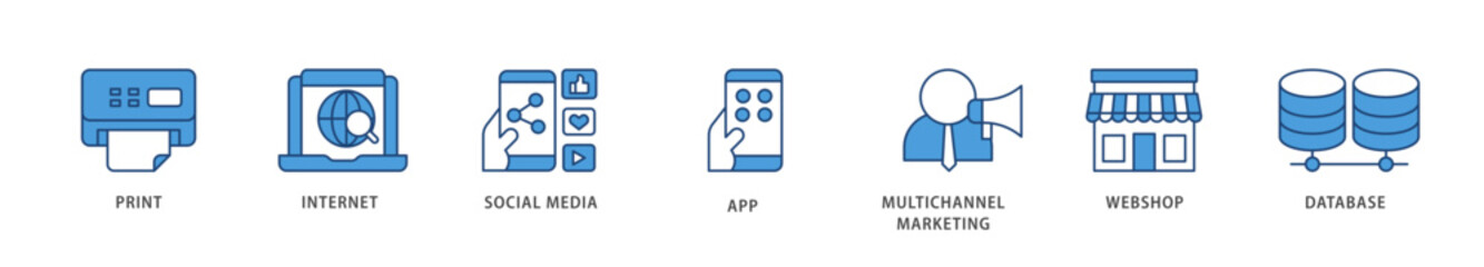 Cross media icons set collection illustration of print, internet, social media, app, multichannel marketing, webshop and database icon live stroke and easy to edit 