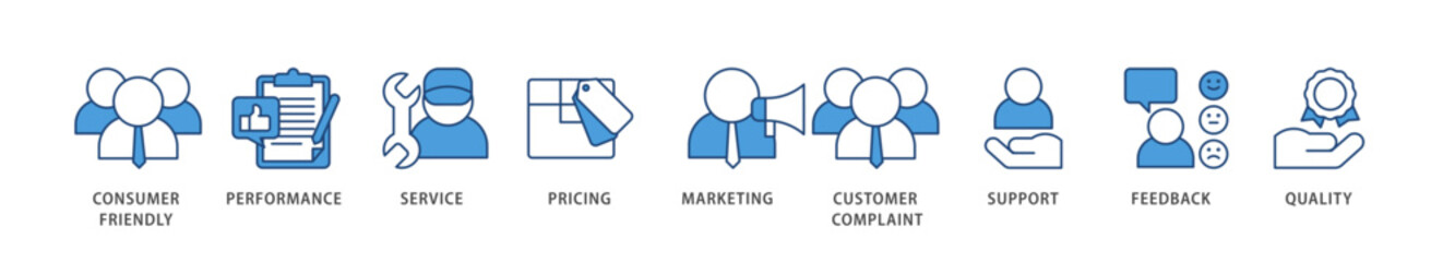 Customer satisfaction icons set collection illustration of consumer friendly, performance, service, pricing, marketing, customer complaint icon live stroke and easy to edit 