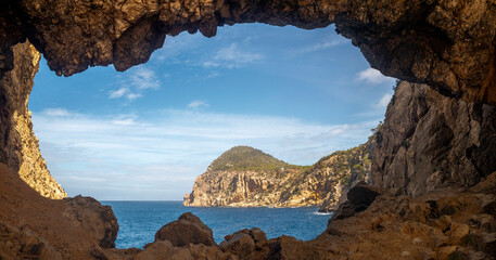 Panoramic view of Puig Nuno mountain from a cave at Cap Gross cape, Sant Antoni de Portmany, Ibiza,...