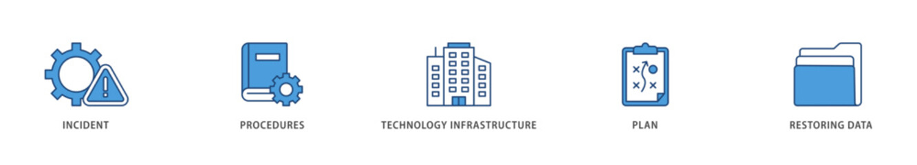 Disaster recovery icons set collection illustration of plan, restoring data, technology infrastructure, procedures, incident  icon live stroke and easy to edit 