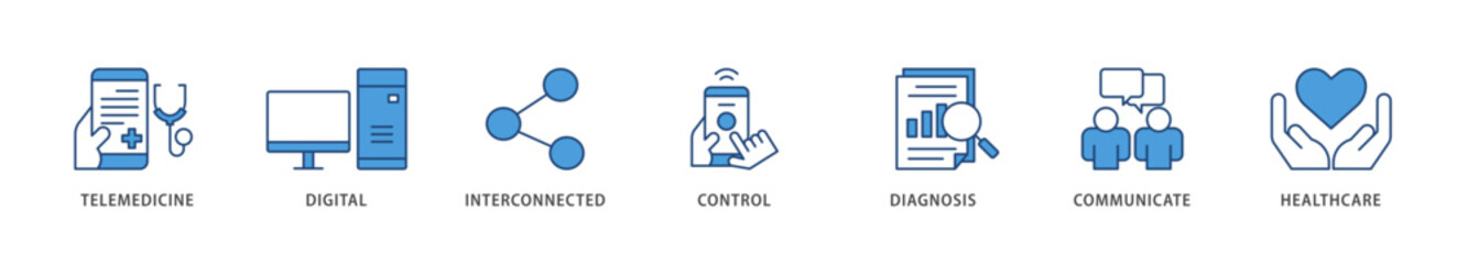 Digital health icons set collection illustration of e health, telemedicine, interconnected, smartwatch, diagnosis, email, and medical app icon live stroke and easy to edit 