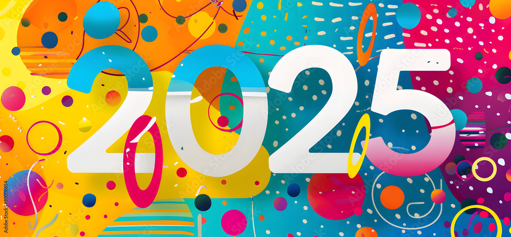 Aufkleber a colorful background with a white number 25 in the middle. the background is full of circles and ot