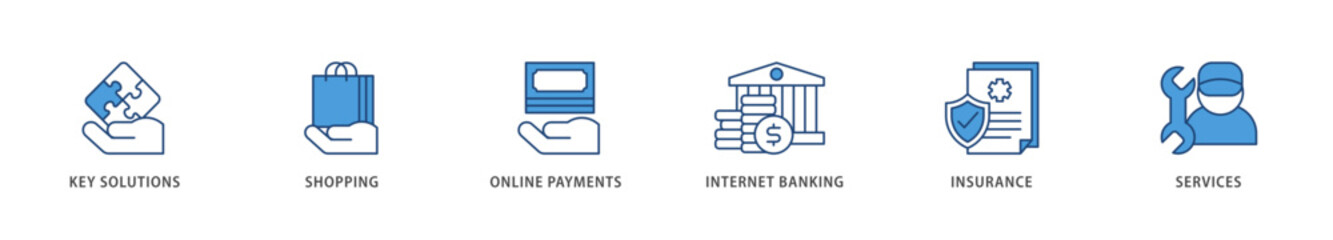 Financial service icons set collection illustration of key solutions, shopping, online payments, internet banking, insurance and services icon live stroke and easy to edit 