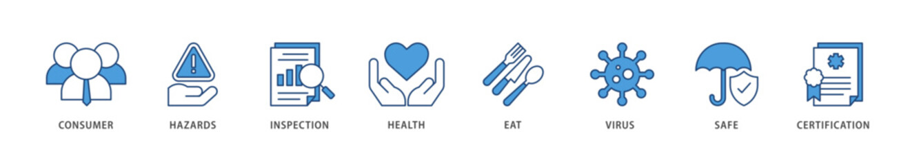 Food safety icons set collection illustration of consumer, hazards, inspection, health, eat, virus, safe and certification icon live stroke and easy to edit 