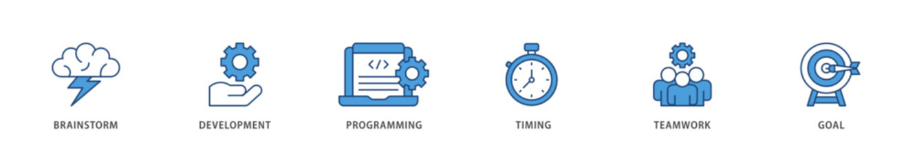 Hackathon icons set collection illustration of brainstorm, development, programming, timing, speed, teamwork, and goal icon live stroke and easy to edit 