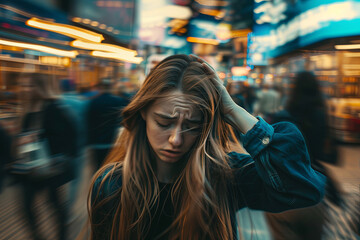 A woman experiencing a panic attack in a crowded public space, symbolizing the challenges of mental health, solitude, and fear amidst the bustling city life