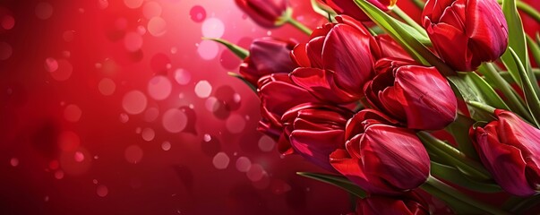 Red tulip bouquet flower background. Floral wallpaper, banner. February 14, valentine's day, love, 8 march international women's day theme.