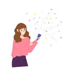 Happy woman is pulling party popper with spread out flying colorful confetti. Concept of celebration, Birth day or New Year party, congratulation, happiness. Flat vector illustration.