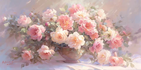 Wall murals Soft pastel oil painting of abundant pink and white roses in a classic vase. Artistic floral display with gentle lighting. Romantic and vintage decor concept for design and print
