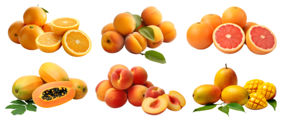 Collection of yellow orange fruits in pile group, oranges, apricot, grapefruit, papaya, peach, mango on transparent background cutout, PNG file. Mockup template for artwork design