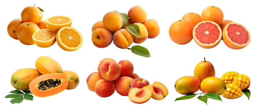 Collection of yellow orange fruits in pile group, oranges, apricot, grapefruit, papaya, peach, mango on transparent background cutout, PNG file. Mockup template for artwork design