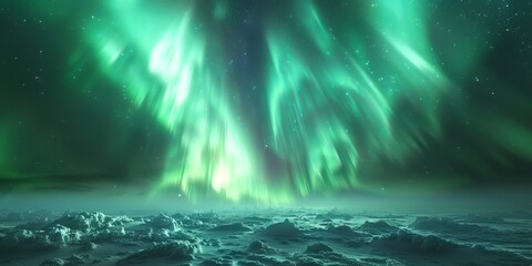 Green Aurora Sky over Rocky Landscape. Beautiful Northern Lights Background with copy-space.