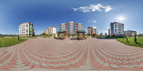 360 hdri panorama in middle of modern multi-storey multi-apartment residential complex of urban development in equirectangular seamless spherical projection, AR VR content
