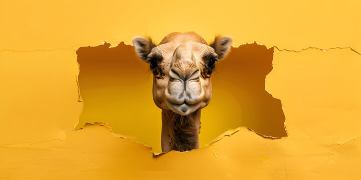 portrait of camel as it seems to come out from paper break free from the constraints of a plain yellow background