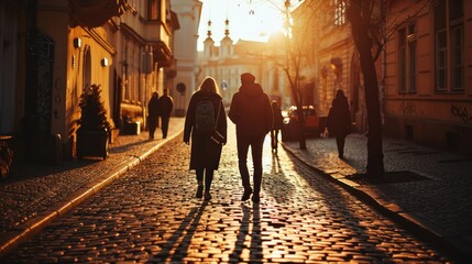 Back view of a young couple walking in street at sunrise with historic buildings in the city of...