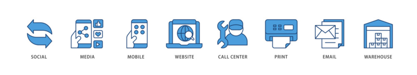 Omnichannel icons set collection illustration of social media, mobile, website, call center, print, email, and warehouse icon live stroke and easy to edit 