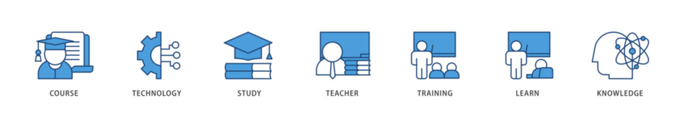Online education icons set collection illustration of course, technology, study, teacher, training, learn and knowledge icon live stroke and easy to edit 