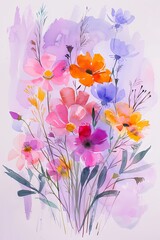 wildflower poppies and daisies in beige, watercolor illustration. ai generated