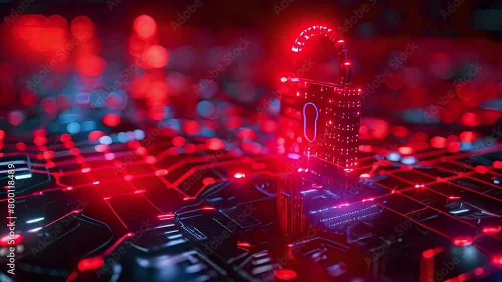 Poster advanced cybersecurity lock symbolizing data protection on digital network background