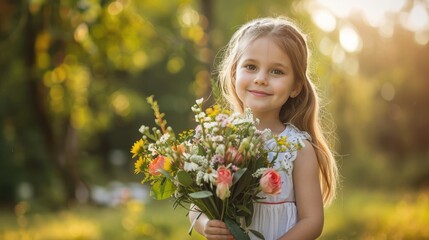 Fototapeta premium Portrait of a little girl with a bouquet of spring flowers on the background of the street and the city. a place for the text. spring concept