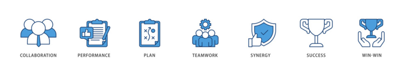 Partnership icons set collection illustration of collaboration, performance, plan, teamwork, synergy, success and win win solution icon live stroke and easy to edit 