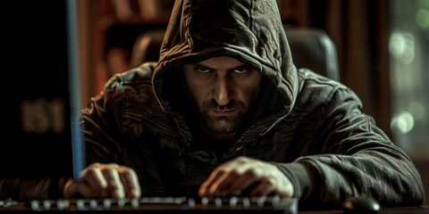 Photo of a hacker with hood working on a computer at a desk