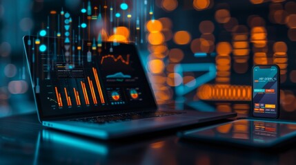 Naklejka premium Futuristic technology setup with glowing laptop and smartphone displaying finance data